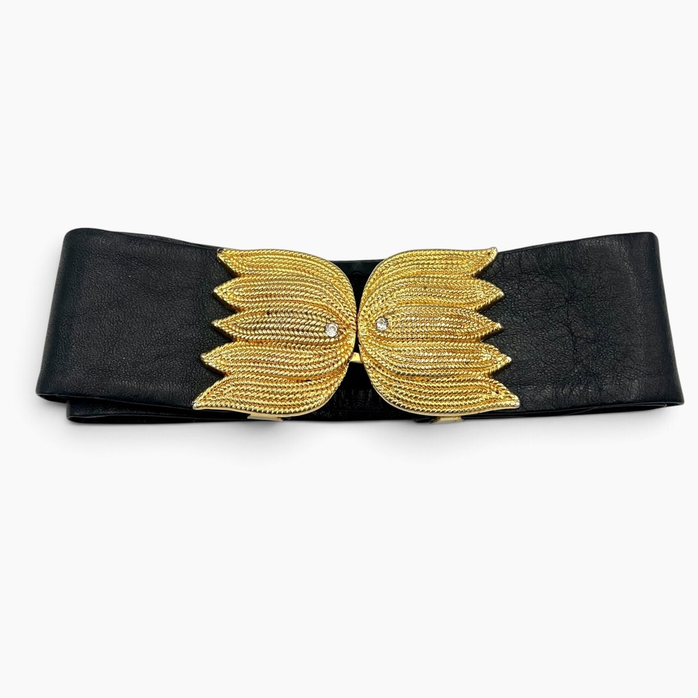Jennifer Moore Vintage XL Black Leather Belt Gold Leaf Buckle Rhinestone Accent